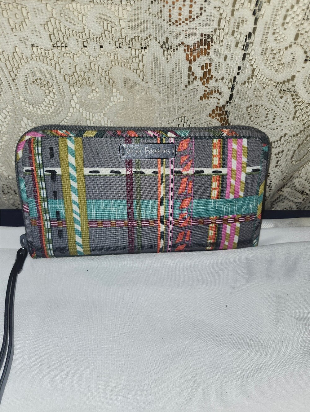Vera Bradley Gray Multicolor Stripe Zip Wallet with Wrist Strap